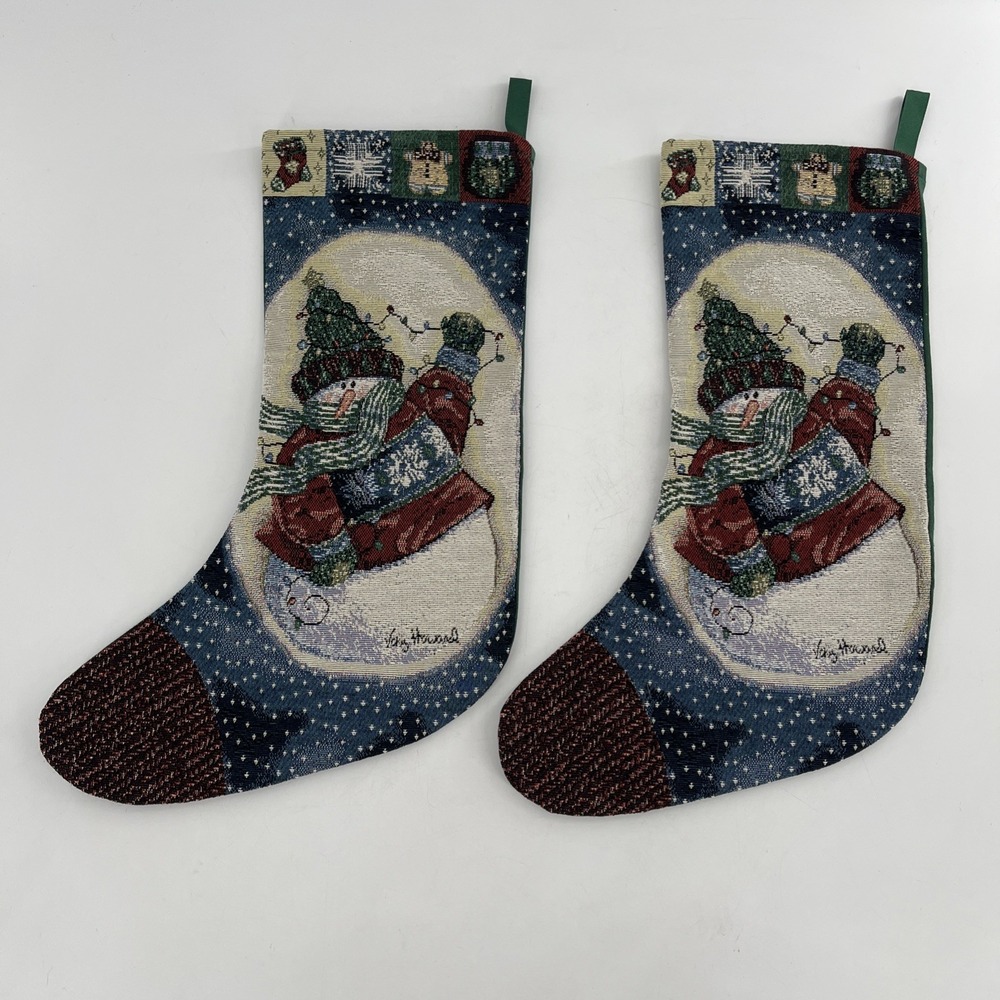 2 Vintage Tapestry Christmas Stockings Whimsy Retro Snowman Lights‎ Quilt 22"